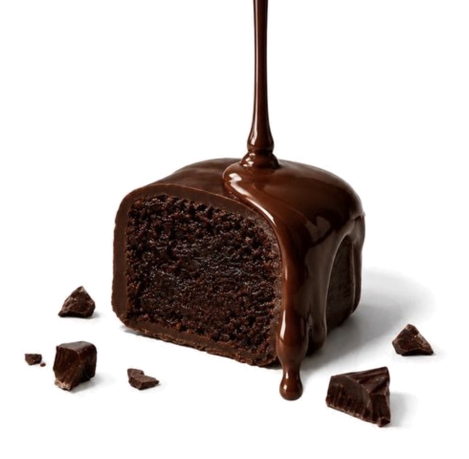 Chocolate pouring over a cut-open Crave Pop